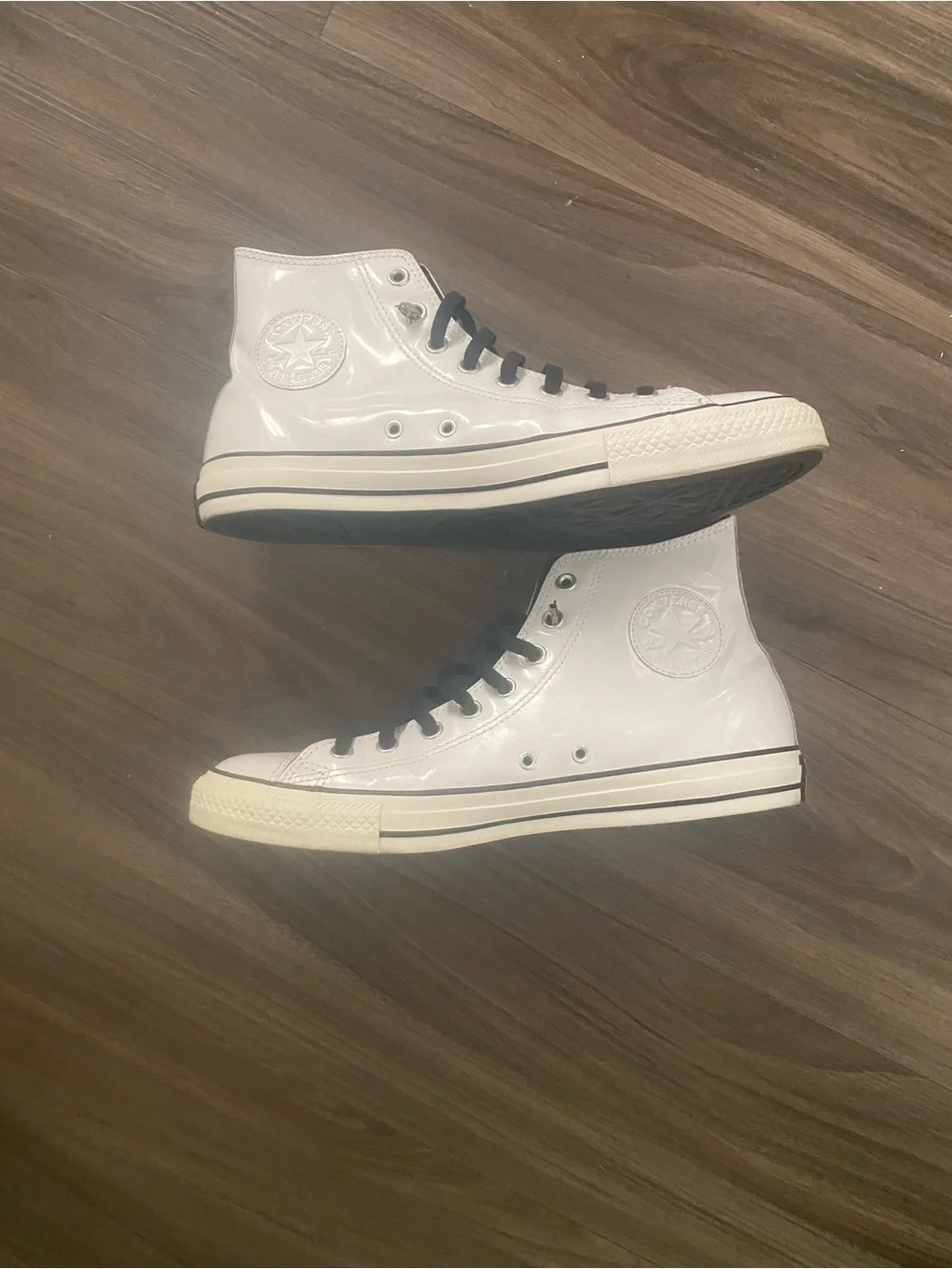 Converse White Patent High-Top Sneakers with Black Laces